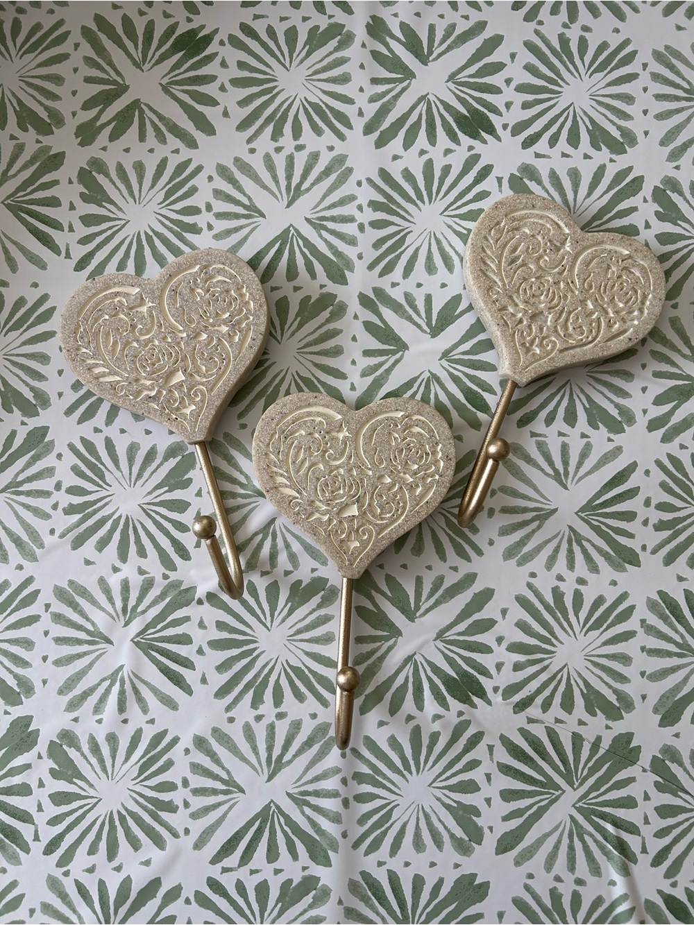 Ceramic Cream and Gold Heart Intricate Wall Hooks - Set of 3